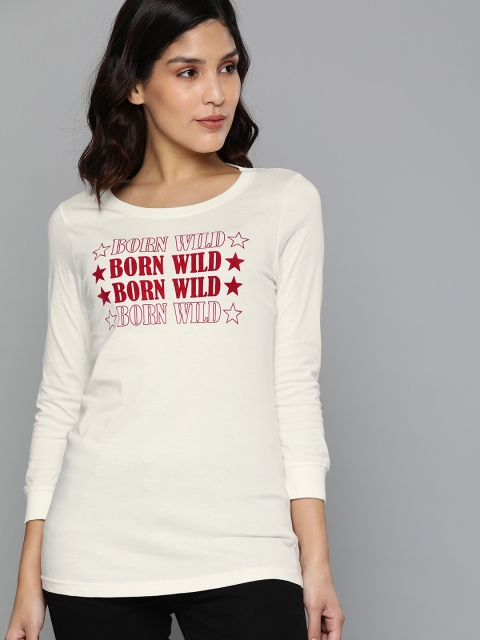 

HERE&NOW Women Off-White Printed Round Neck T-shirt