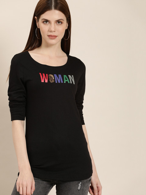 

Moda Rapido Women Black Printed Round Neck T-shirt
