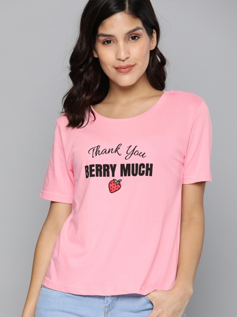

HERENOW Women Pink Printed Round Neck Pure Cotton T-shirt