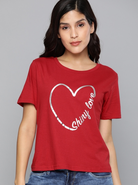 

HERE&NOW Women Red Printed Round Neck T-shirt