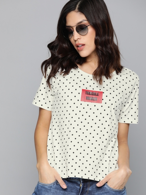 

HERE&NOW Women Off-White Printed Round Neck T-shirt