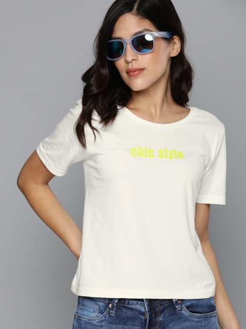 

HERE&NOW Women Off-White Printed Round Neck T-shirt