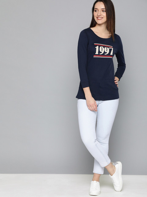 

HERE&NOW Women Navy Blue Printed Round Neck T-shirt