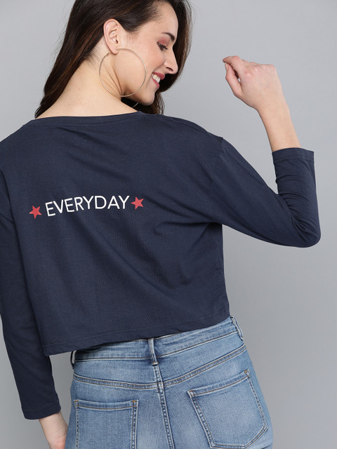 

HERE&NOW Women Navy Blue Printed Round Neck Boxy Crop T-shirt