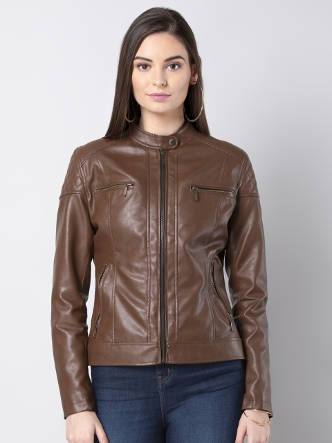

FabAlley Women Brown Solid Biker Jacket