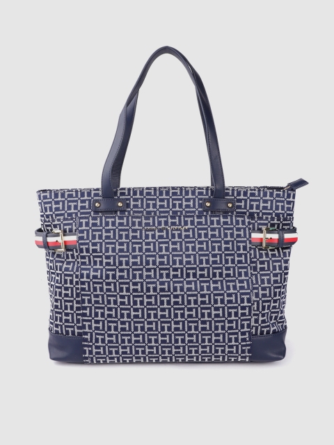 

Tommy Hilfiger Navy Blue & White Brand Logo Self Design Oversized Shopper Tote Bag