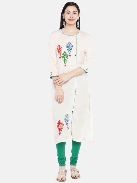 

Vbuyz Women Cream-Coloured Floral Patchwork Straight Kurta