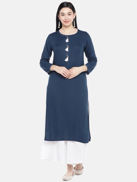 

Vbuyz Women Navy Blue Solid Straight Kurta