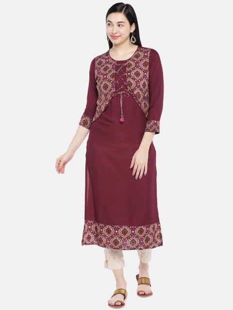 

Vbuyz Women Maroon Printed Layered Straight Layered Kurta