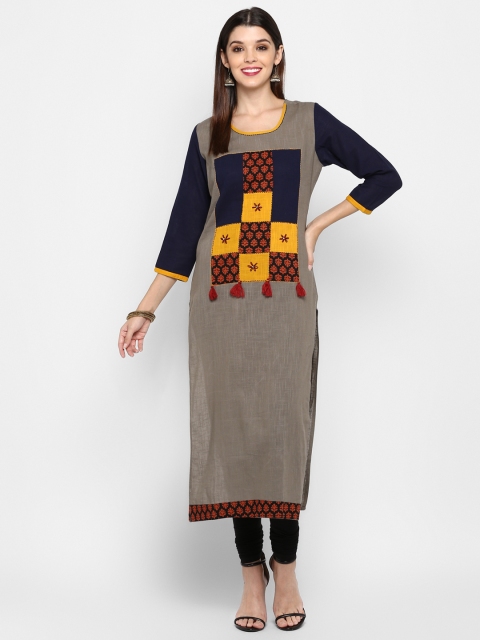 

Vbuyz Women Grey & Navy Blue Colourblocked Straight Kurta