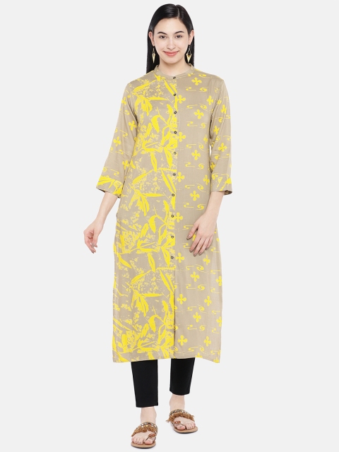 

Vbuyz Women Beige & Yellow Printed Straight Kurta