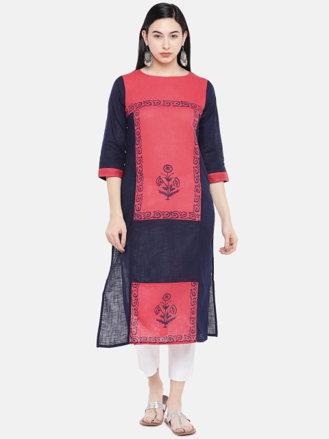 

Vbuyz Women Pink & Navy Blue Printed Colourblocked Straight Kurta