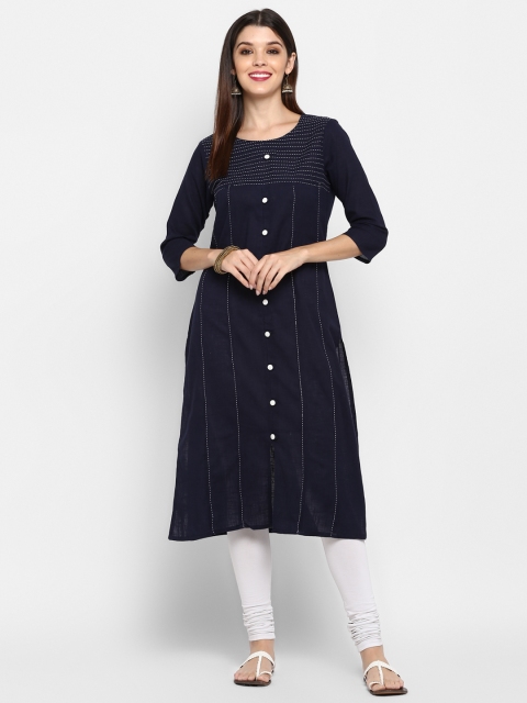 

Vbuyz Women Navy Blue Striped Straight Kurta