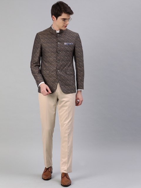 

Peter England Navy Blue & Beige Woven Design Neo Slim Fit Single-Breasted Bandhgala Suit