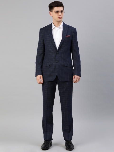 

Peter England Elite Men Navy Blue Checked Single-Breasted Tailored Fit Formal Suit