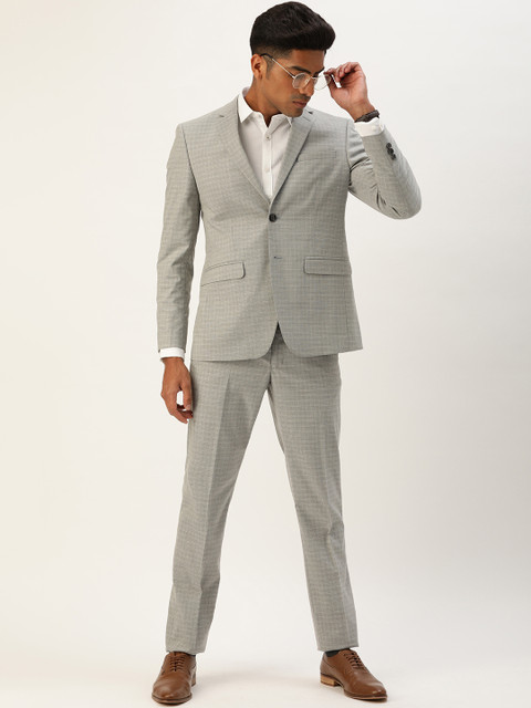 

Peter England Men Grey & Off-White Neo Slim Fit Checked Single-Breasted Formal Suit
