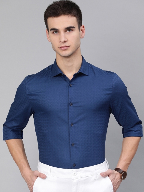 

Peter England Casuals Men Navy Blue Super Slim Fit Self Design Smart Casual Shirt