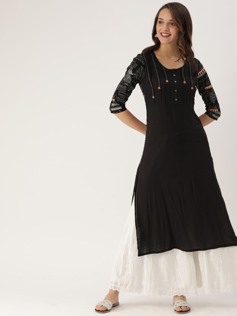 

ETIQUETTE Women Black & White Back Printed Embroidered Straight Kurta