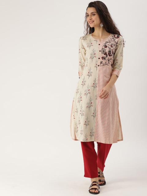 

ETIQUETTE Women Off-White & Red Printed Embroidered Straight Kurta