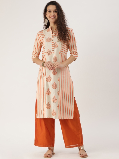 

ETIQUETTE Women Orange & Beige Striped A-Line Kurta