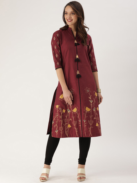 

ETIQUETTE Women Maroon Printed A-Line Fusion Kurta