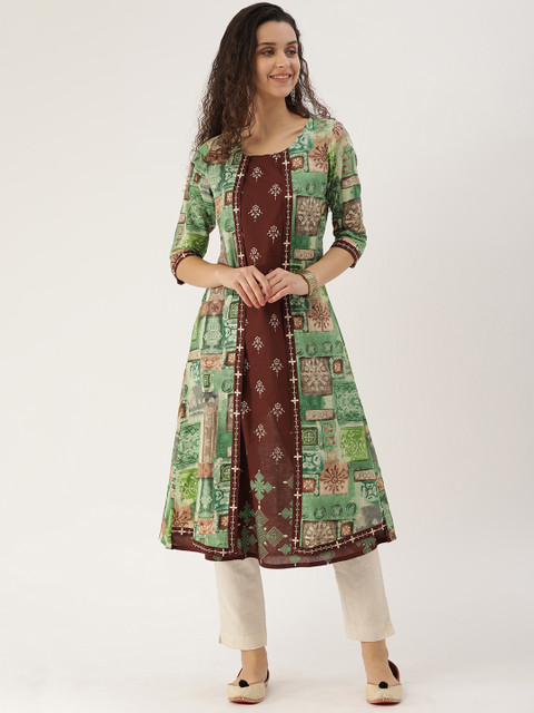 

ETIQUETTE Women Green & Brown Printed A-Line Kurta