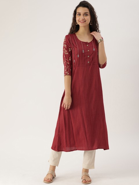 

ETIQUETTE Women Maroon & Beige Striped A-Line Kurta