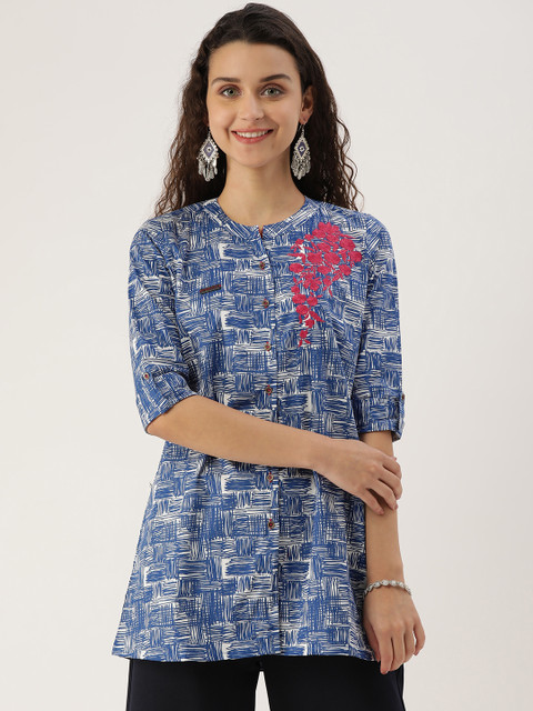 

ETIQUETTE Women Navy Blue & White Printed Pure Cotton Straight Kurti