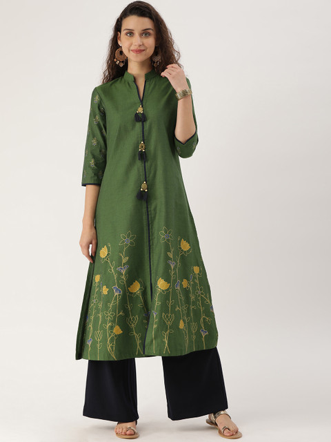 

ETIQUETTE Women Green Printed A-Line Fusion Kurta
