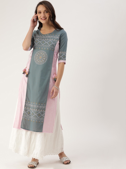 

ETIQUETTE Women Pink & Charcoal Grey Printed Straight Kurta