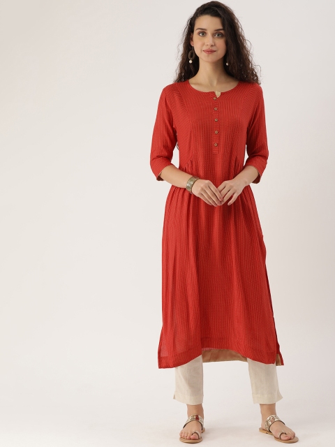 

ETIQUETTE Women Red Embroidered Straight Kurta with Gathers