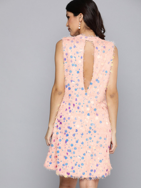 

HERE&NOW Women Pink Embellished A-Line Styled Back Dress