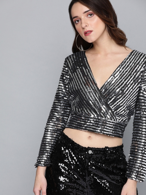 

HERE&NOW Women Silver-Toned & Black Embellished Cropped Wrap Top