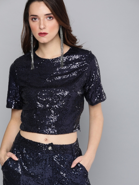 

HERE&NOW Women Navy Blue Self Design Sequinned Styled Back Crop Top