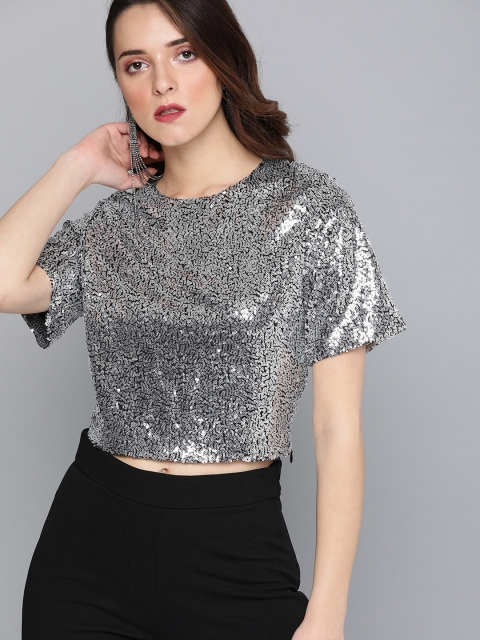 

HERE&NOW Women Silver-Toned Self Design Sequinned Styled Back Crop Top