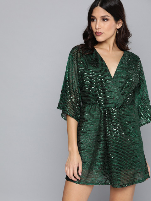 

HERE&NOW Women Green Sequinned Fit and Flare Dress