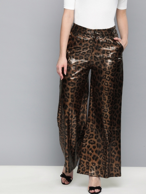

HERE&NOW Women Copper-Toned & Black Regular Fit Animal Printed Parallel Trousers