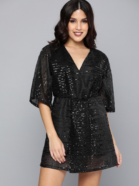 

HERE&NOW Women Black Sequinned Fit and Flare Dress