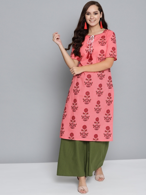 

HERE&NOW Women Peach-Coloured & Olive Green Printed Kurta with Palazzos