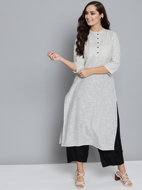 

HERE&NOW Women White & Black Striped Straight Kurta