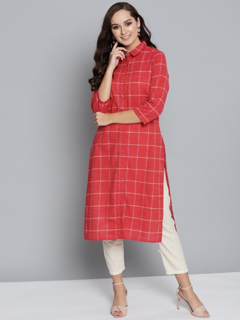 

HERE&NOW Women Red & White Checked Straight Kurta, Na