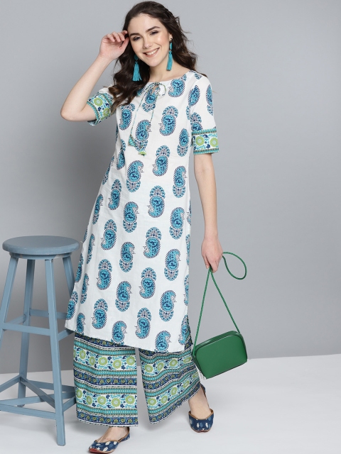 

HERE&NOW Women White & Blue Printed Kurta with Palazzos