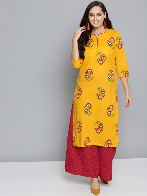 

HERE&NOW Women Mustard Yellow & Maroon Printed Kurta with Palazzos