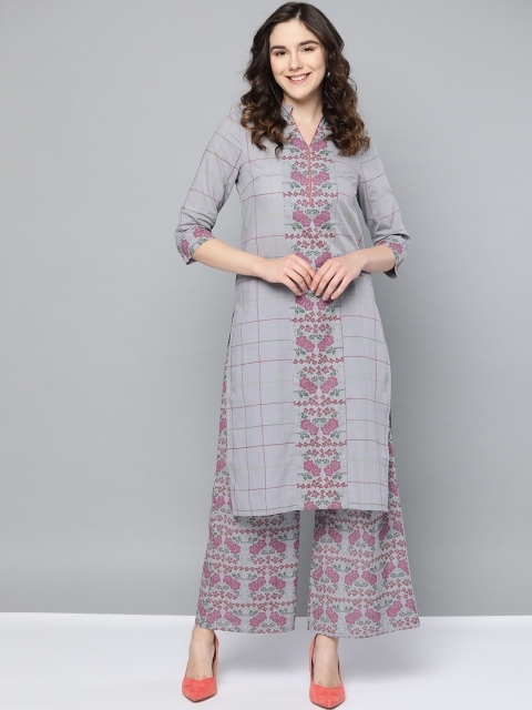 

HERE&NOW Women Grey & Pink Printed Kurta with Palazzos
