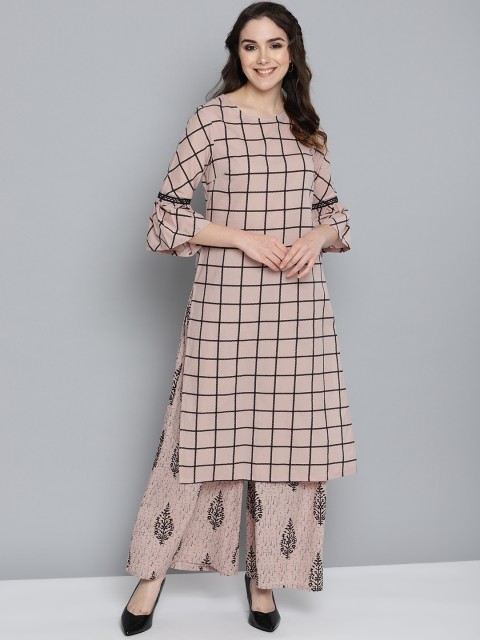 

HERE&NOW Women Taupe & Black Checked Kurta with Palazzos
