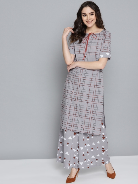 

HERE&NOW Women Grey & Maroon Checked Kurta with Palazzos