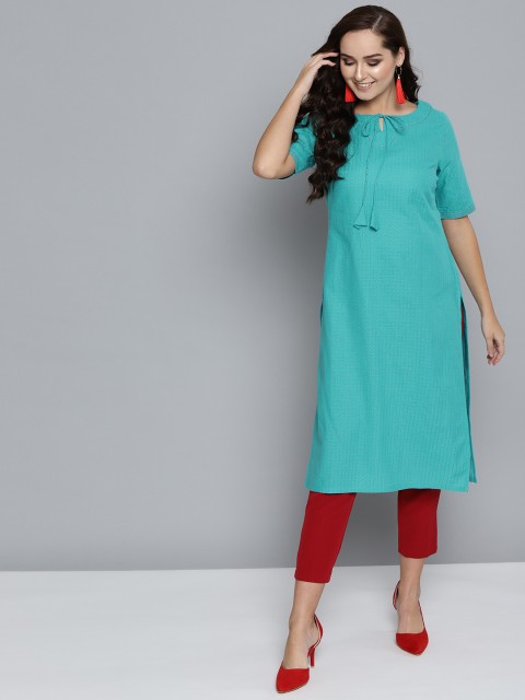

HERE&NOW Women Blue & Pink Self-Checked Straight Kurta