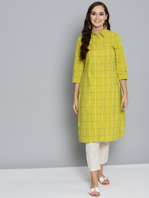 

HERE&NOW Women Lime Green Checked Straight Kurta