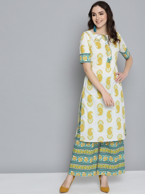 

HERE&NOW Women White & Mustard Yellow Printed Kurta with Palazzos