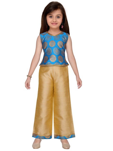 

ADIVA Girls Blue & Gold-Toned Printed Top with Solid Palazzos